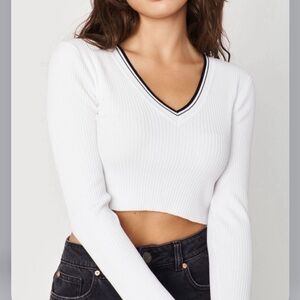 Garage White & Black Contrast Trim V-Neck Ribbed Long Sleeve Crop Top